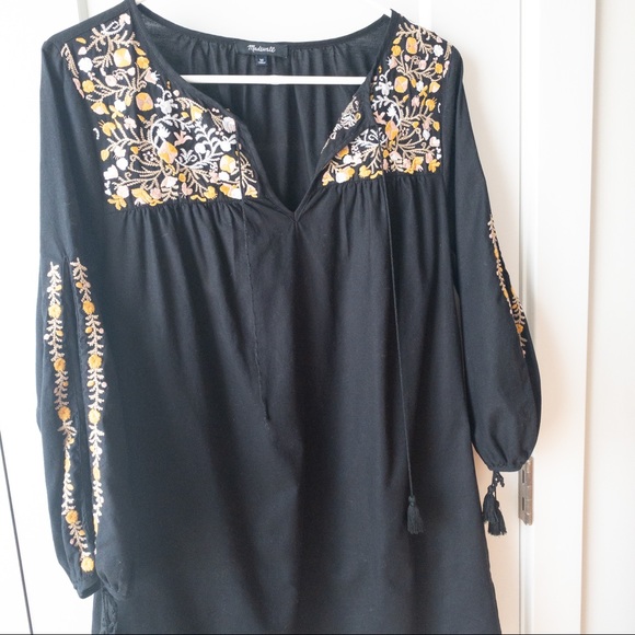 Madewell Black Colorful Floral Embroidered Slit Sleeves Tassel Mini Dress Size M - Picture 3 of 6